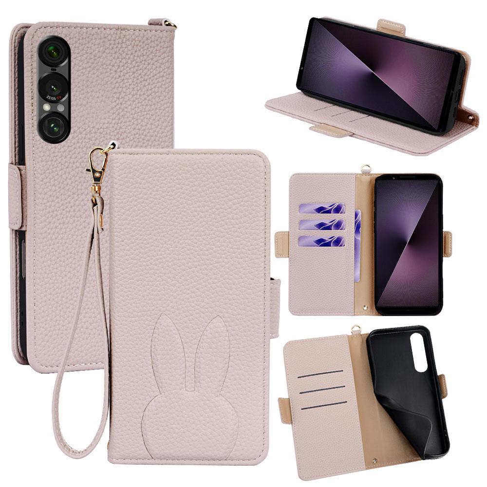 For Sony Xperia 1 VII Bunny Ears Side Magnetic Clasp Vegan Leather Phone Case with Wrist Strap - Light Pink - EDA010169207E