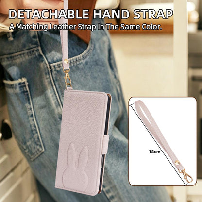 For Sony Xperia 1 VII Bunny Ears Side Magnetic Clasp Vegan Leather Phone Case with Wrist Strap - Light Pink - EDA010169207E