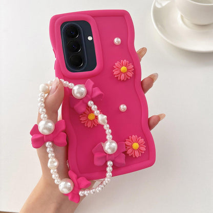For Galaxy A57 5G Macaron Color Little Daisy and Pearl Phone Case with Bracelet Chain - Red - EDA010169305A