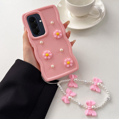 For Galaxy A57 5G Macaron Color Little Daisy and Pearl Phone Case with Bracelet Chain - Pink - EDA010169305B