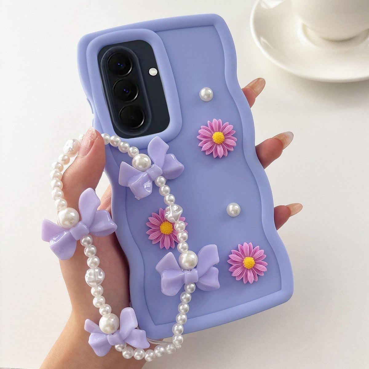 For Galaxy A57 5G Macaron Color Little Daisy and Pearl Phone Case with Bracelet Chain - Purple - EDA010169305D