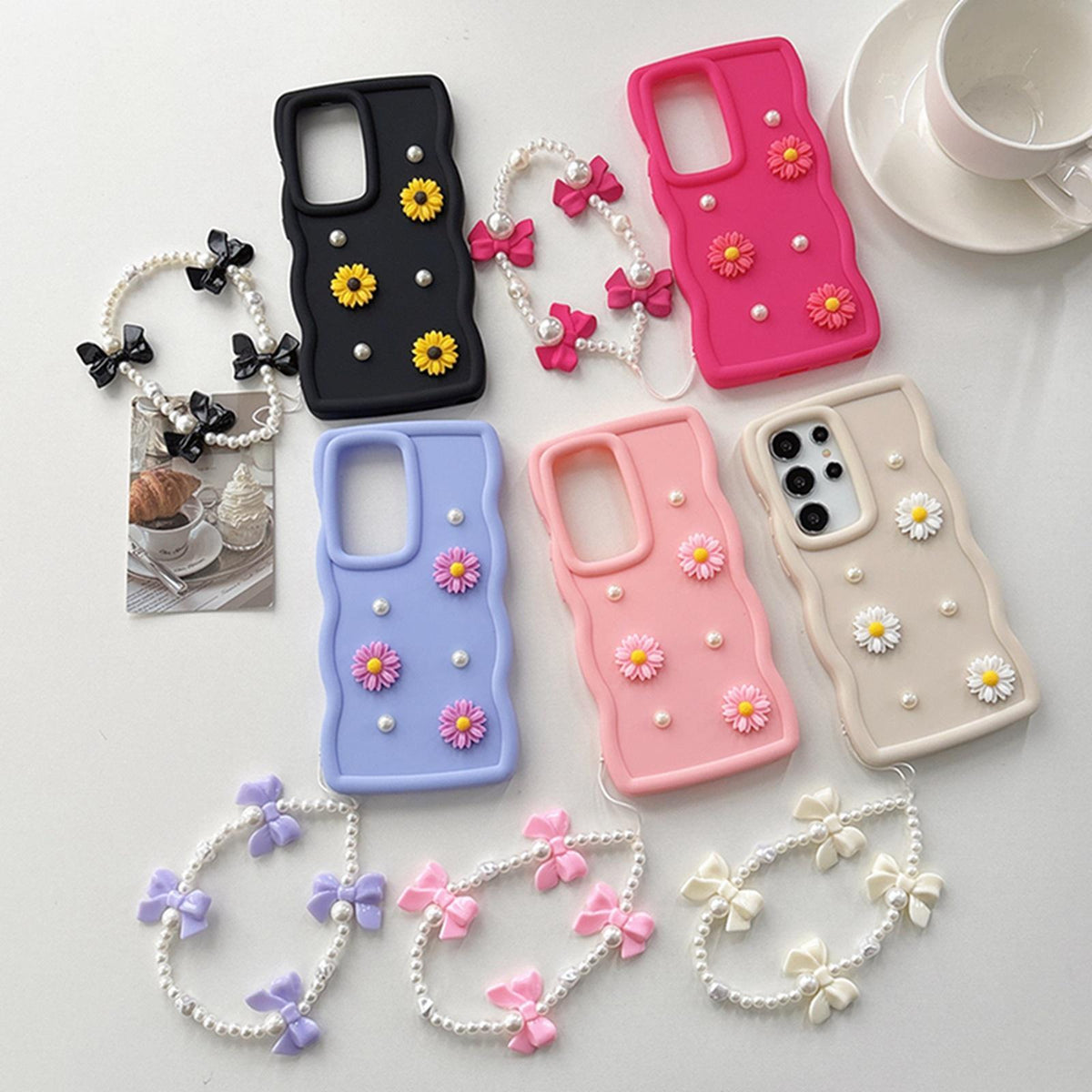 For Galaxy A57 5G Macaron Color Little Daisy and Pearl Phone Case with Bracelet Chain - Red - EDA010169305A