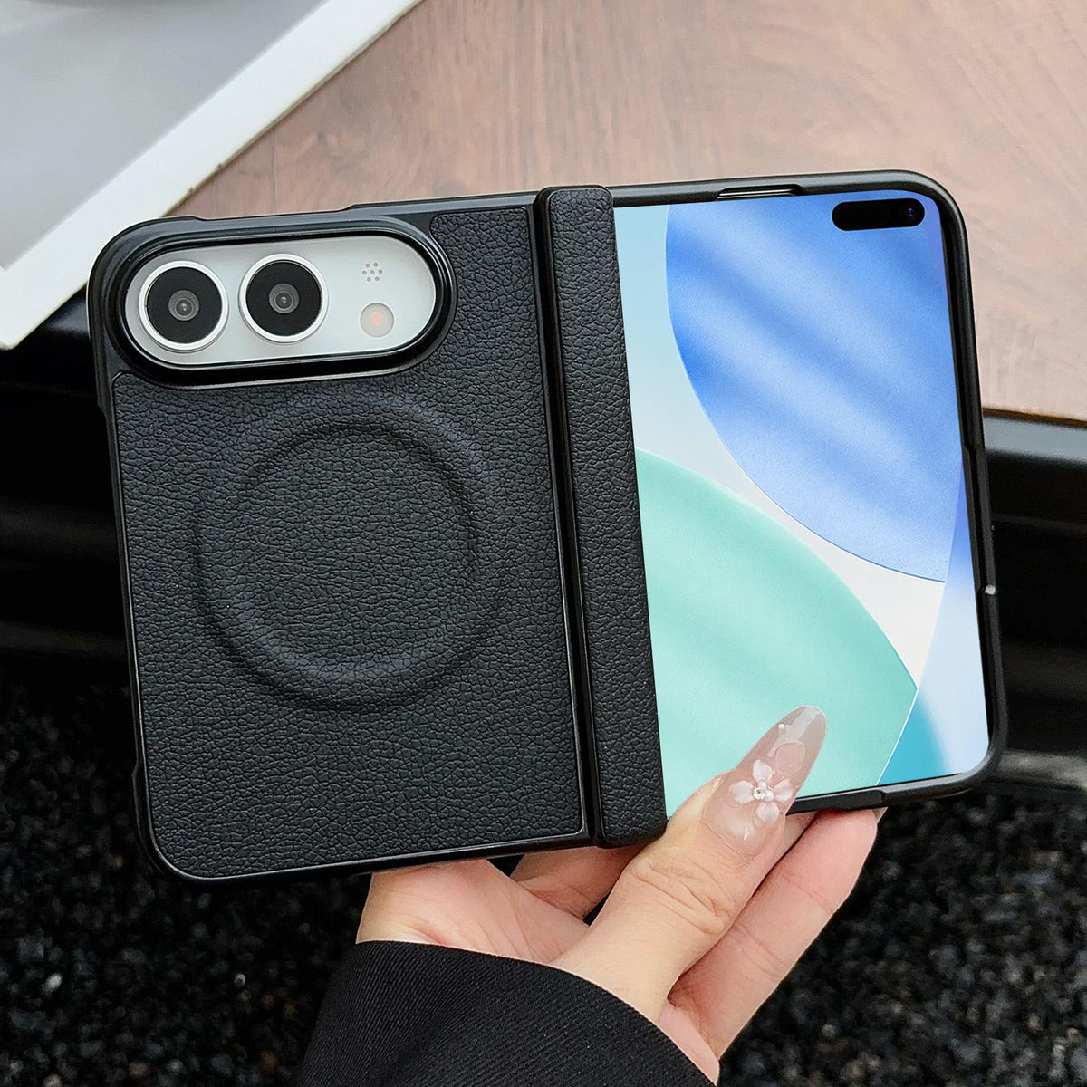 For iPhone Duo Folding Shaft Magnetic Litchi Texture Leather Phone Case - Black - EDA010173301A
