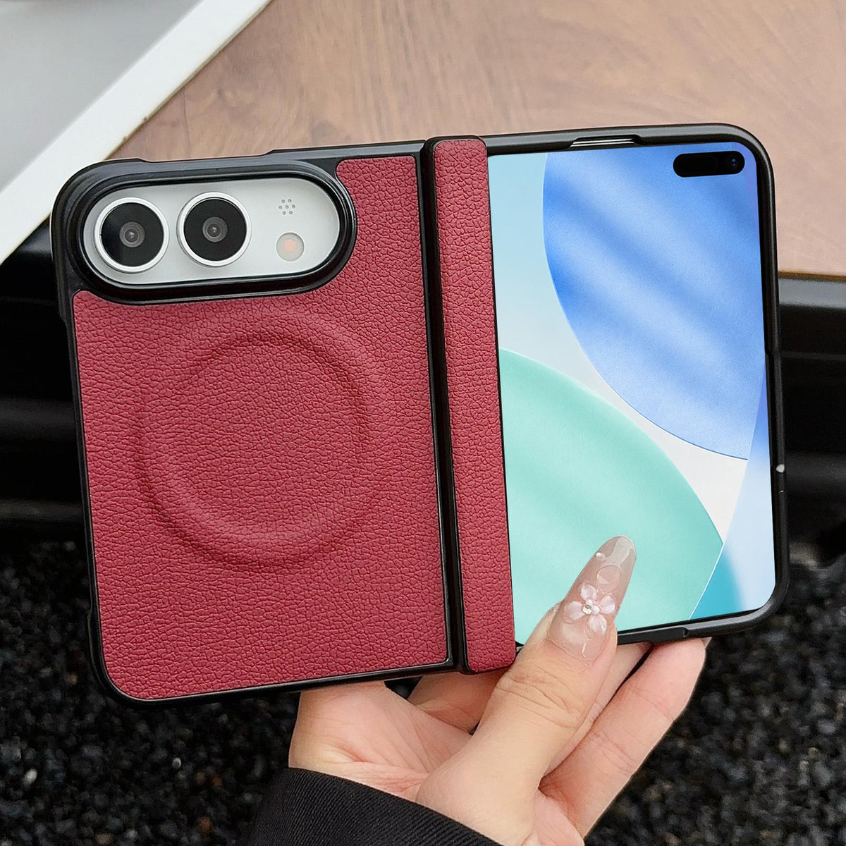 For iPhone Duo Folding Shaft Magnetic Litchi Texture Leather Phone Case - Wine Red - EDA010173301B