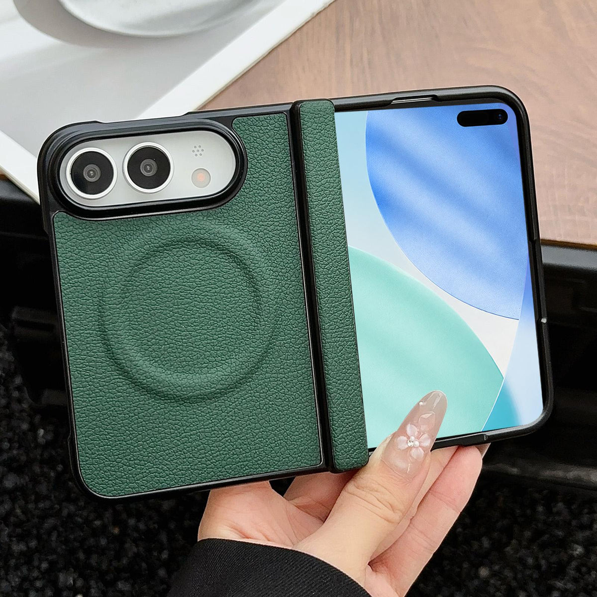 For iPhone Duo Folding Shaft Magnetic Litchi Texture Leather Phone Case - Dark Green - EDA010173301C