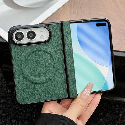 For iPhone Duo Folding Shaft Magnetic Litchi Texture Leather Phone Case - Dark Green - EDA010173301C