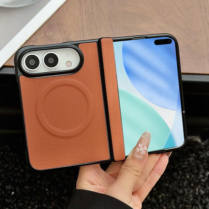 For iPhone Duo Folding Shaft Magnetic Litchi Texture Leather Phone Case - Brown - EDA010173301D