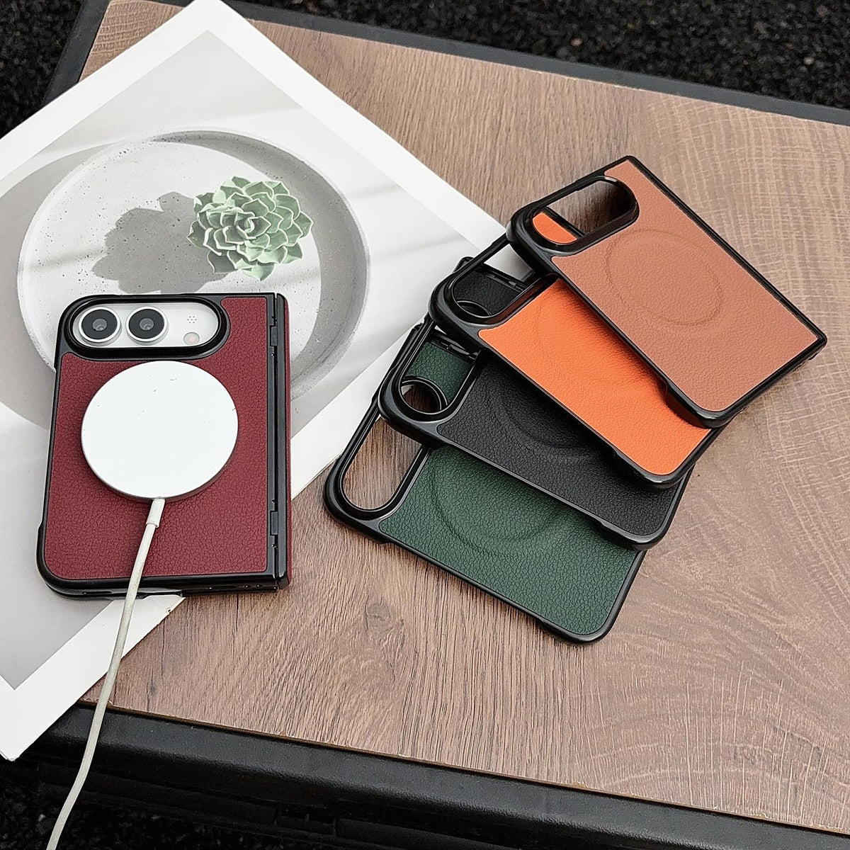 For iPhone Duo Folding Shaft Magnetic Litchi Texture Leather Phone Case - Brown - EDA010173301D