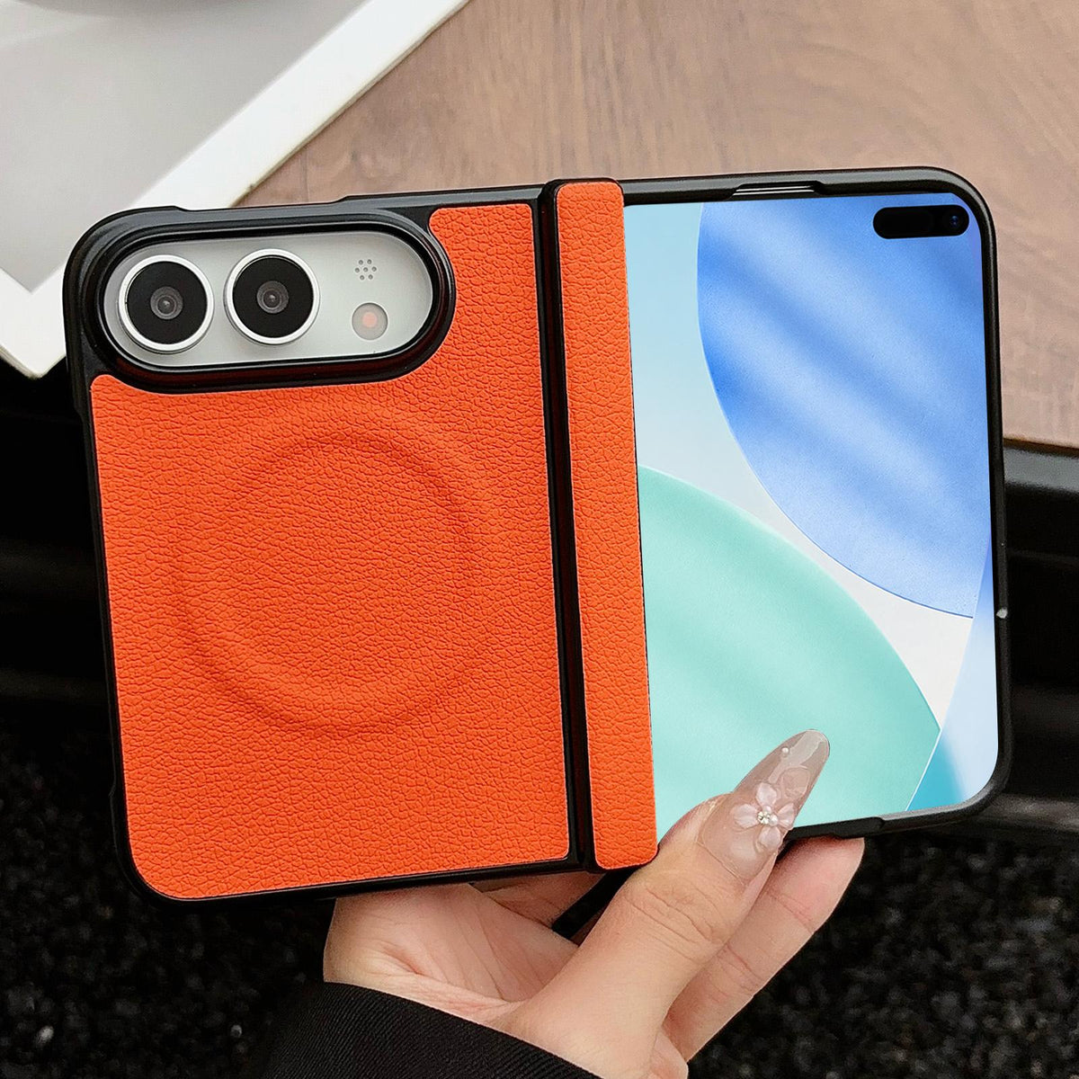 For iPhone Duo Folding Shaft Magnetic Litchi Texture Leather Phone Case - Orange - EDA010173301E