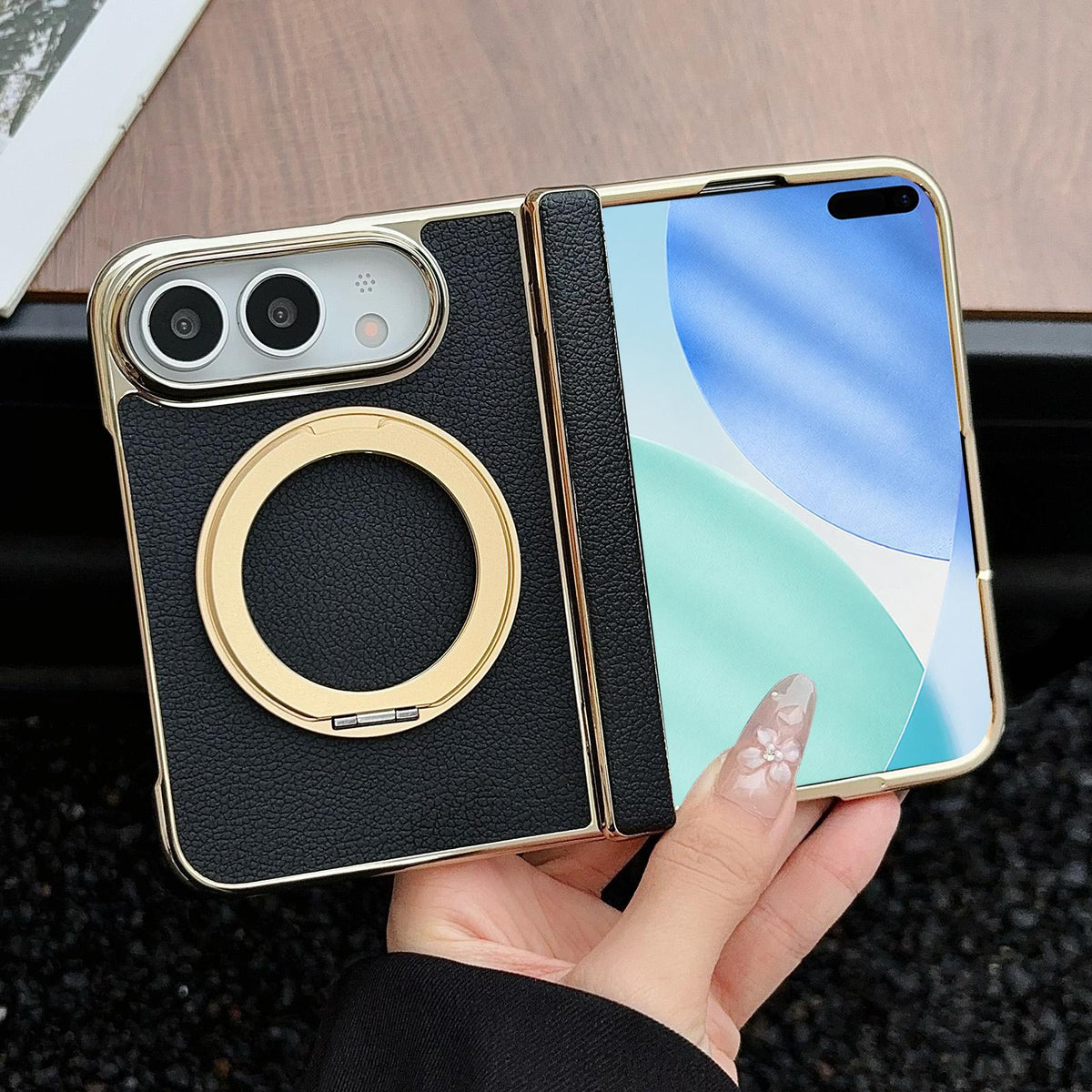 For iPhone Duo Litchi Texture Electroplated Rotating Bracket Magnetic Phone Case - Black - EDA010173501A