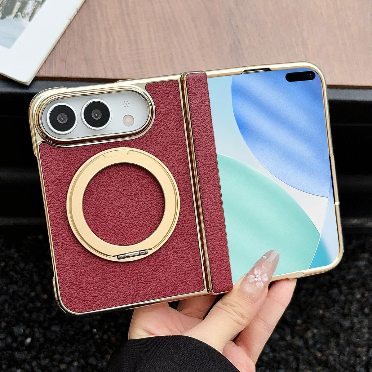 For iPhone Duo Litchi Texture Electroplated Rotating Bracket Magnetic Phone Case - Wine Red - EDA010173501B