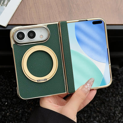 For iPhone Duo Litchi Texture Electroplated Rotating Bracket Magnetic Phone Case - Dark Green - EDA010173501C