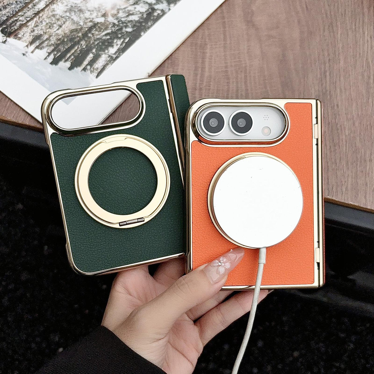 For iPhone Duo Litchi Texture Electroplated Rotating Bracket Magnetic Phone Case - Dark Green - EDA010173501C