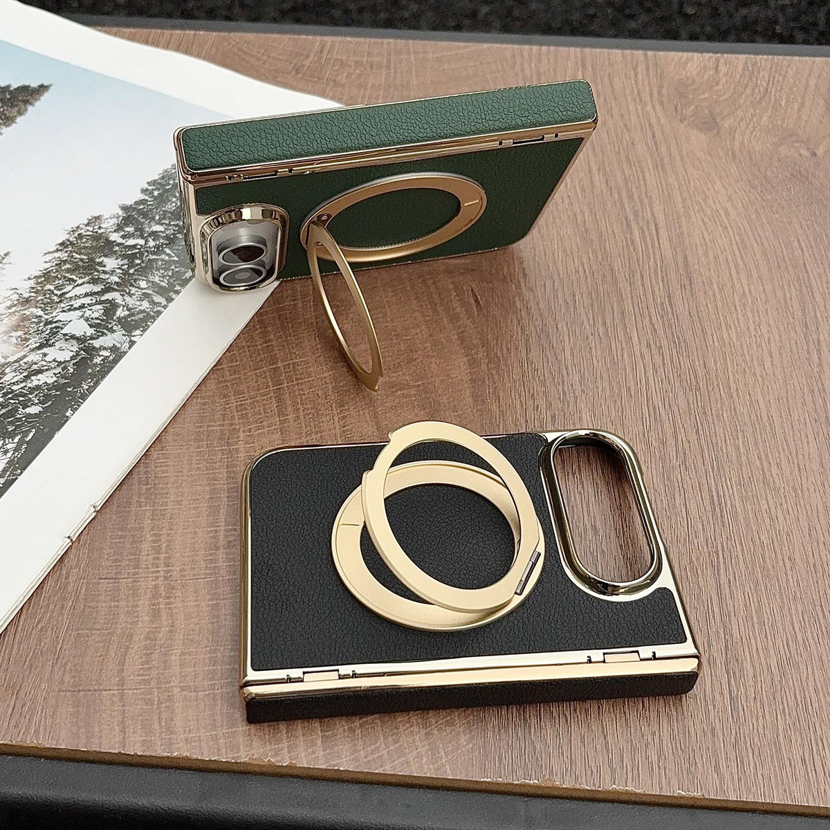 For iPhone Duo Litchi Texture Electroplated Rotating Bracket Magnetic Phone Case - Dark Green - EDA010173501C