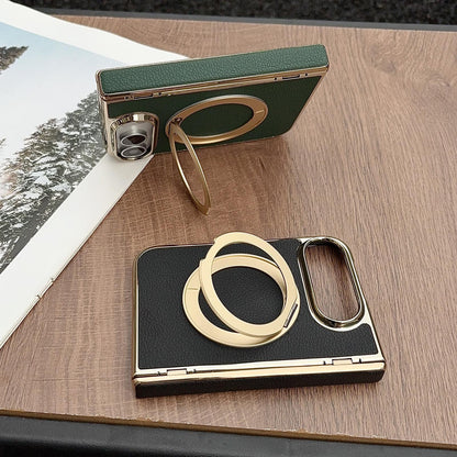 For iPhone Duo Litchi Texture Electroplated Rotating Bracket Magnetic Phone Case - Dark Green - EDA010173501C
