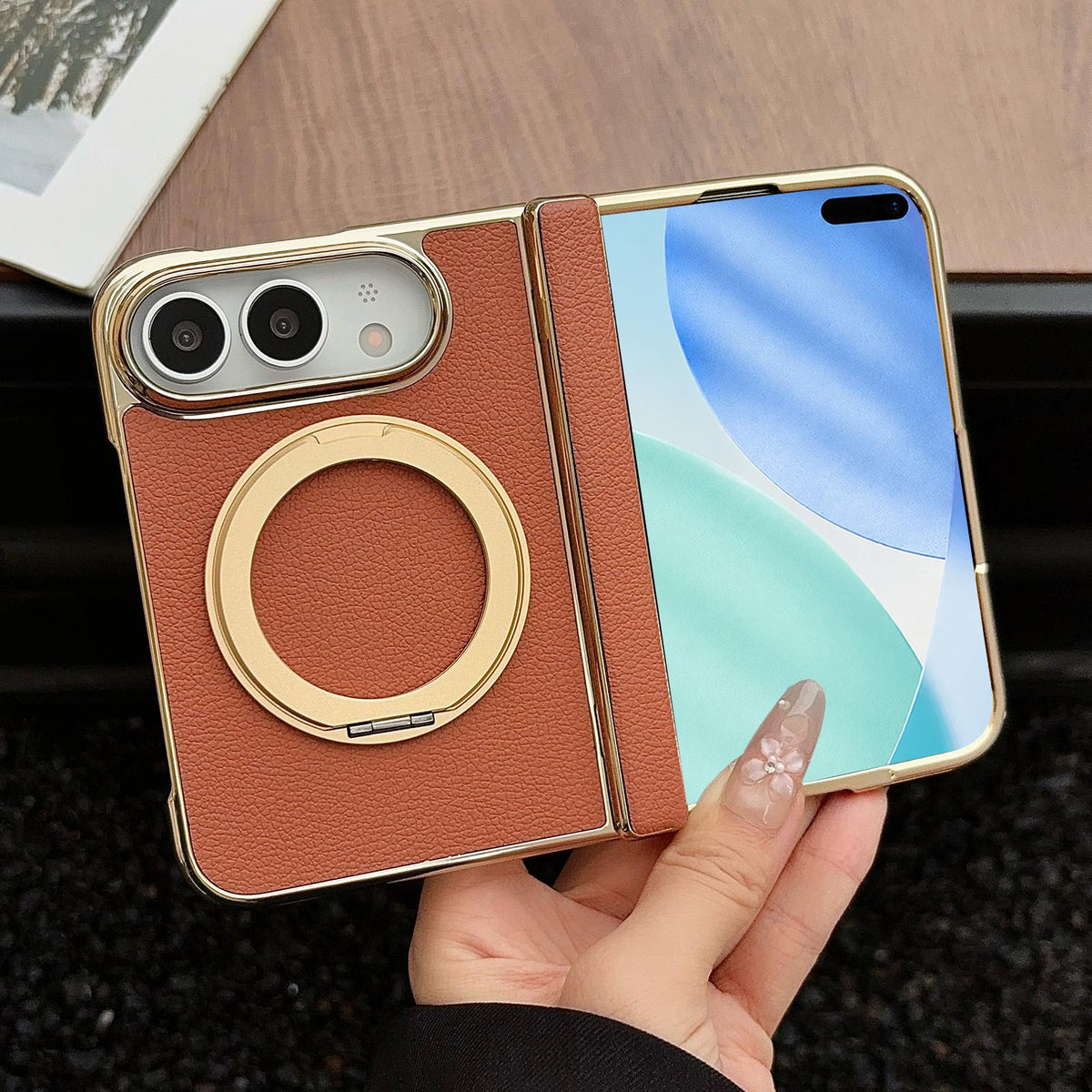 For iPhone Duo Litchi Texture Electroplated Rotating Bracket Magnetic Phone Case - Brown - EDA010173501D