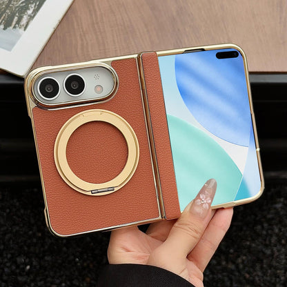 For iPhone Duo Litchi Texture Electroplated Rotating Bracket Magnetic Phone Case - Brown - EDA010173501D