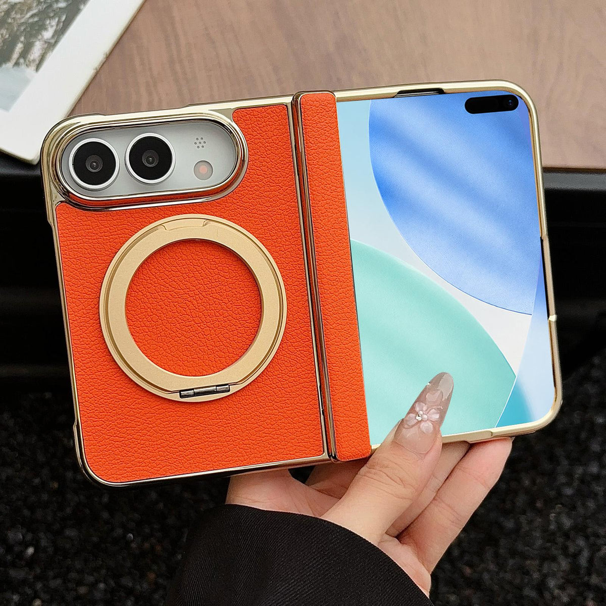 For iPhone Duo Litchi Texture Electroplated Rotating Bracket Magnetic Phone Case - Orange - EDA010173501E