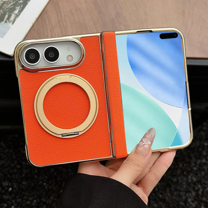 For iPhone Duo Litchi Texture Electroplated Rotating Bracket Magnetic Phone Case - Orange - EDA010173501E