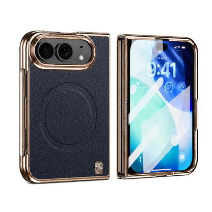 For iPhone Duo Litchi-Grain Magnetic Integrated Screen Protector Phone Case - Black - EDA010177901A