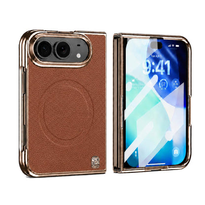 For iPhone Duo Litchi-Grain Magnetic Integrated Screen Protector Phone Case - Brown - EDA010177901D