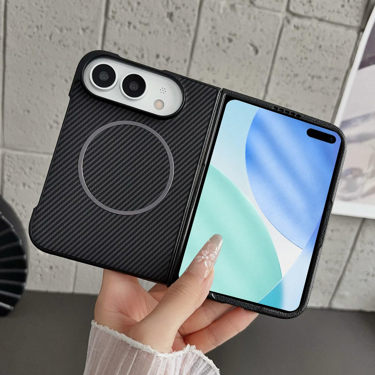 For iPhone Duo Fiber Texture Fine Circle Magnetic Phone Case - Black - EDA010180201A