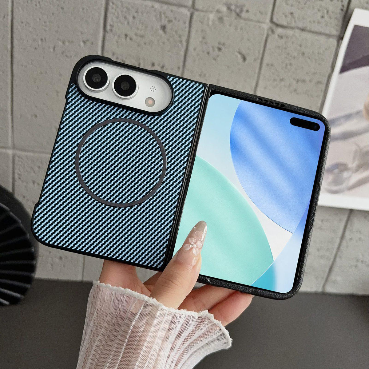 For iPhone Duo Fiber Texture Fine Circle Magnetic Phone Case - Light Blue - EDA010180201D