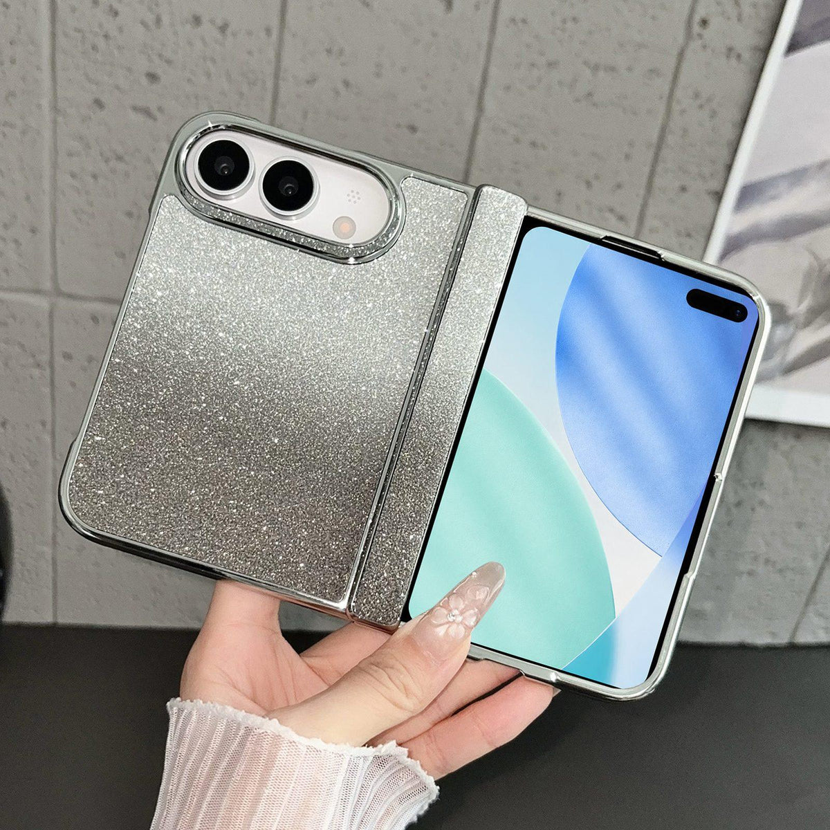 For iPhone Duo Rebound Hinge Gradient Bling Glitter Phone Case - Black - EDA010180601A