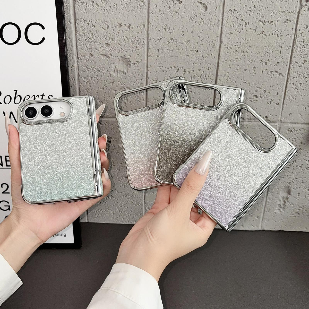 For iPhone Duo Rebound Hinge Gradient Bling Glitter Phone Case - Pink - EDA010180601D