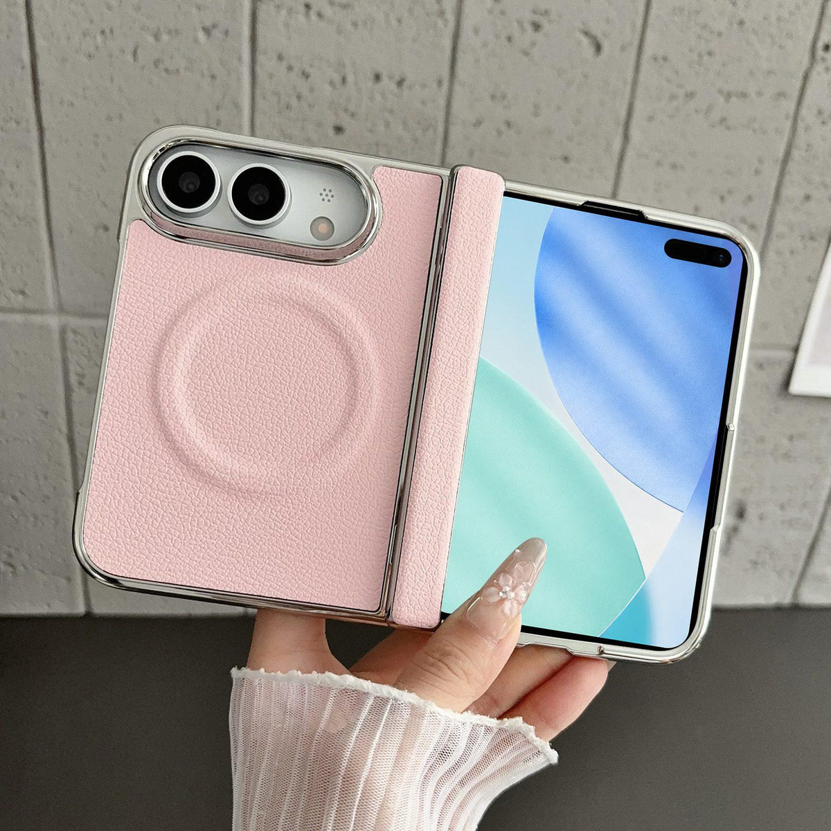 For iPhone Duo Rebound Hinge Electroplated Faux-Leather Magnetic Phone Case - Pink - EDA010180801A