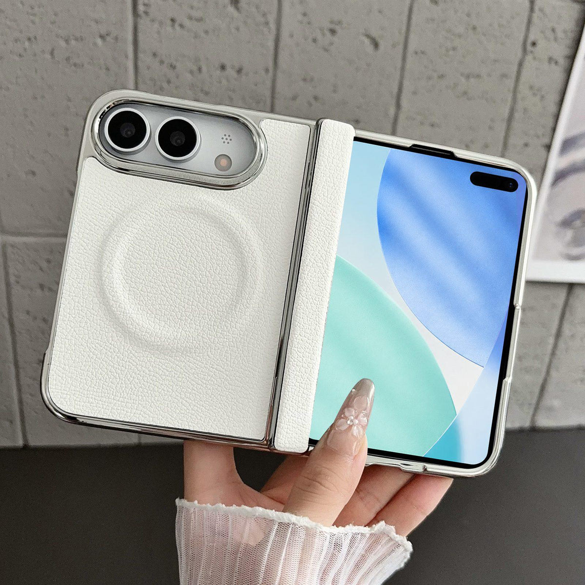 For iPhone Duo Rebound Hinge Electroplated Faux-Leather Magnetic Phone Case - White - EDA010180801B