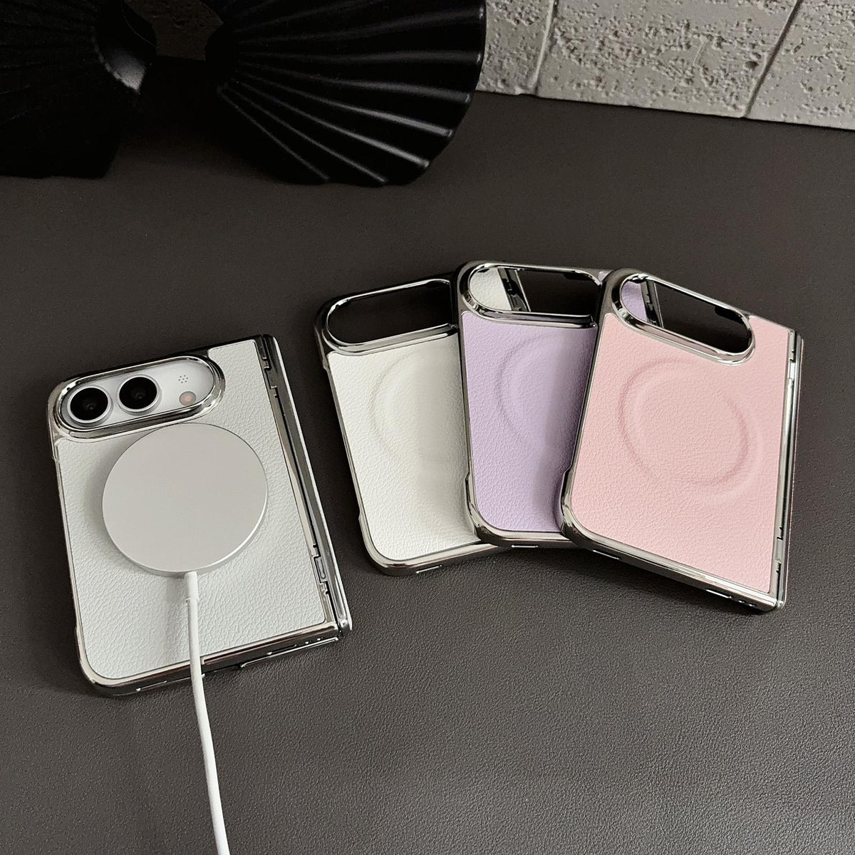For iPhone Duo Rebound Hinge Electroplated Faux-Leather Magnetic Phone Case - White - EDA010180801B