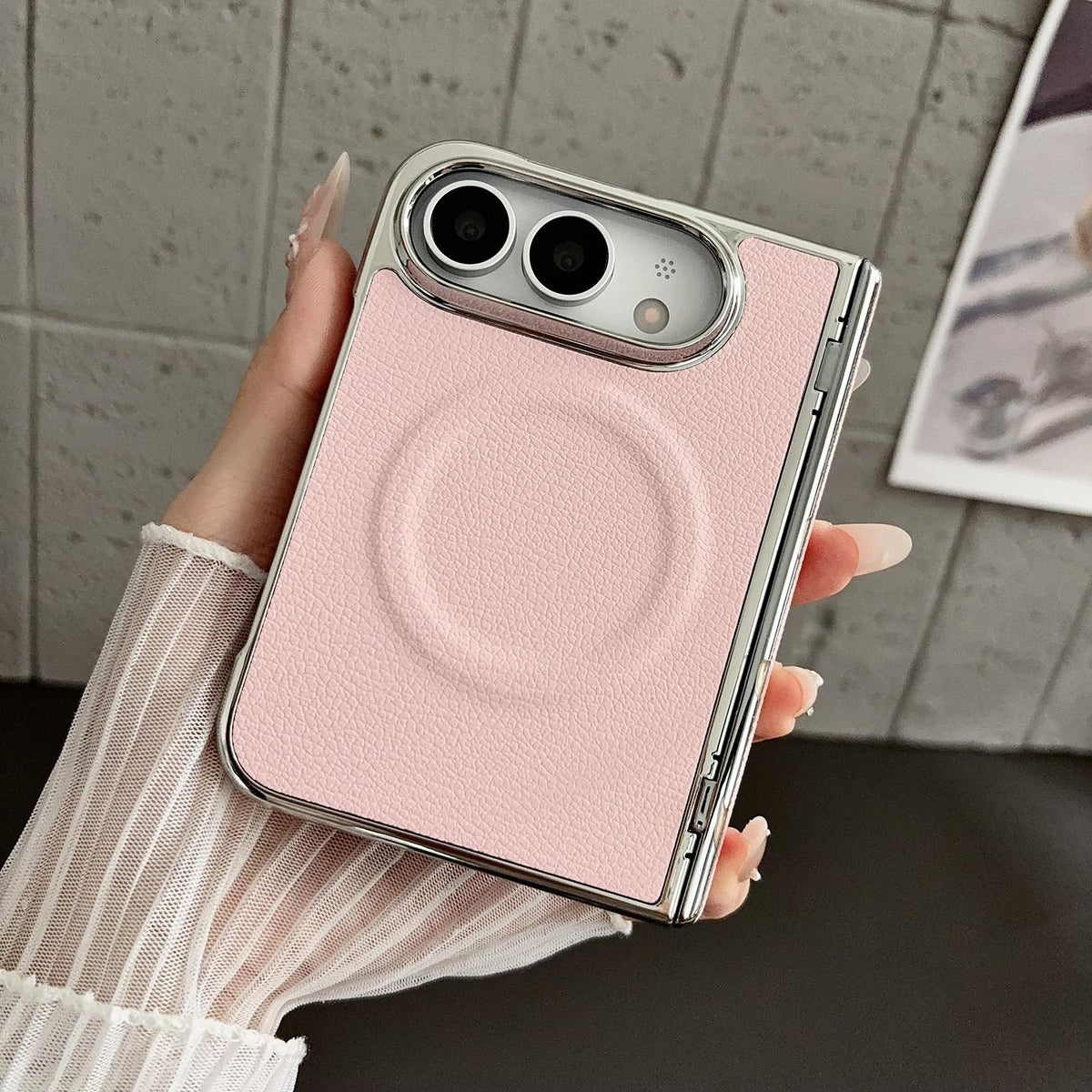 For iPhone Duo Rebound Hinge Electroplated Faux-Leather Magnetic Phone Case - White - EDA010180801B