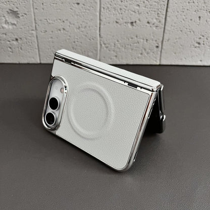 For iPhone Duo Rebound Hinge Electroplated Faux-Leather Magnetic Phone Case - White - EDA010180801B