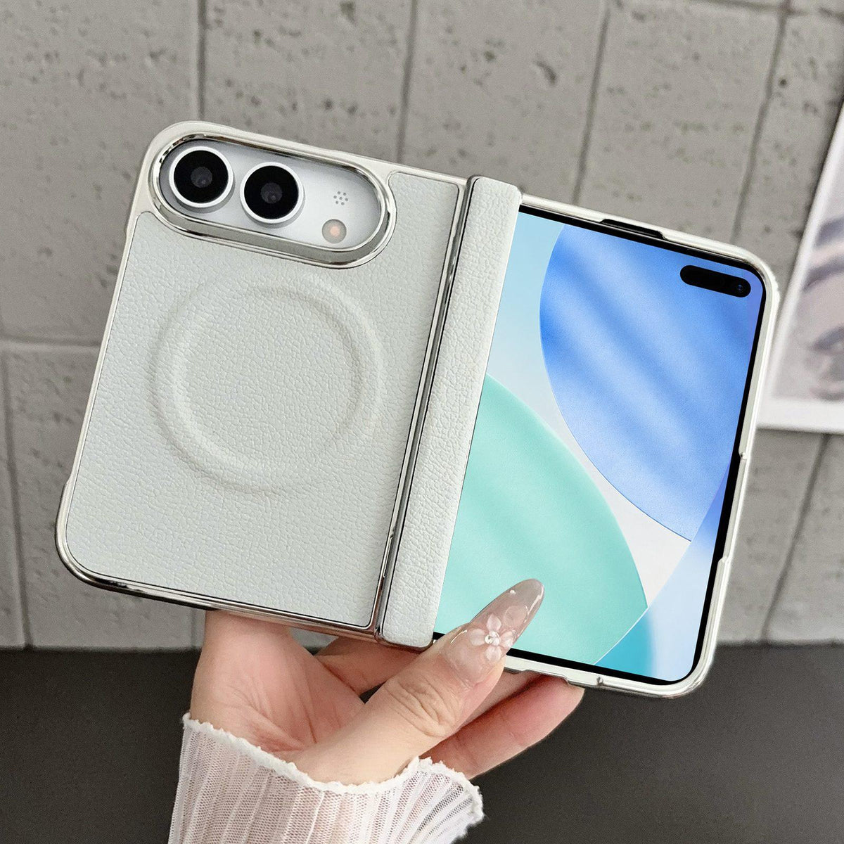 For iPhone Duo Rebound Hinge Electroplated Faux-Leather Magnetic Phone Case - Grey - EDA010180801D