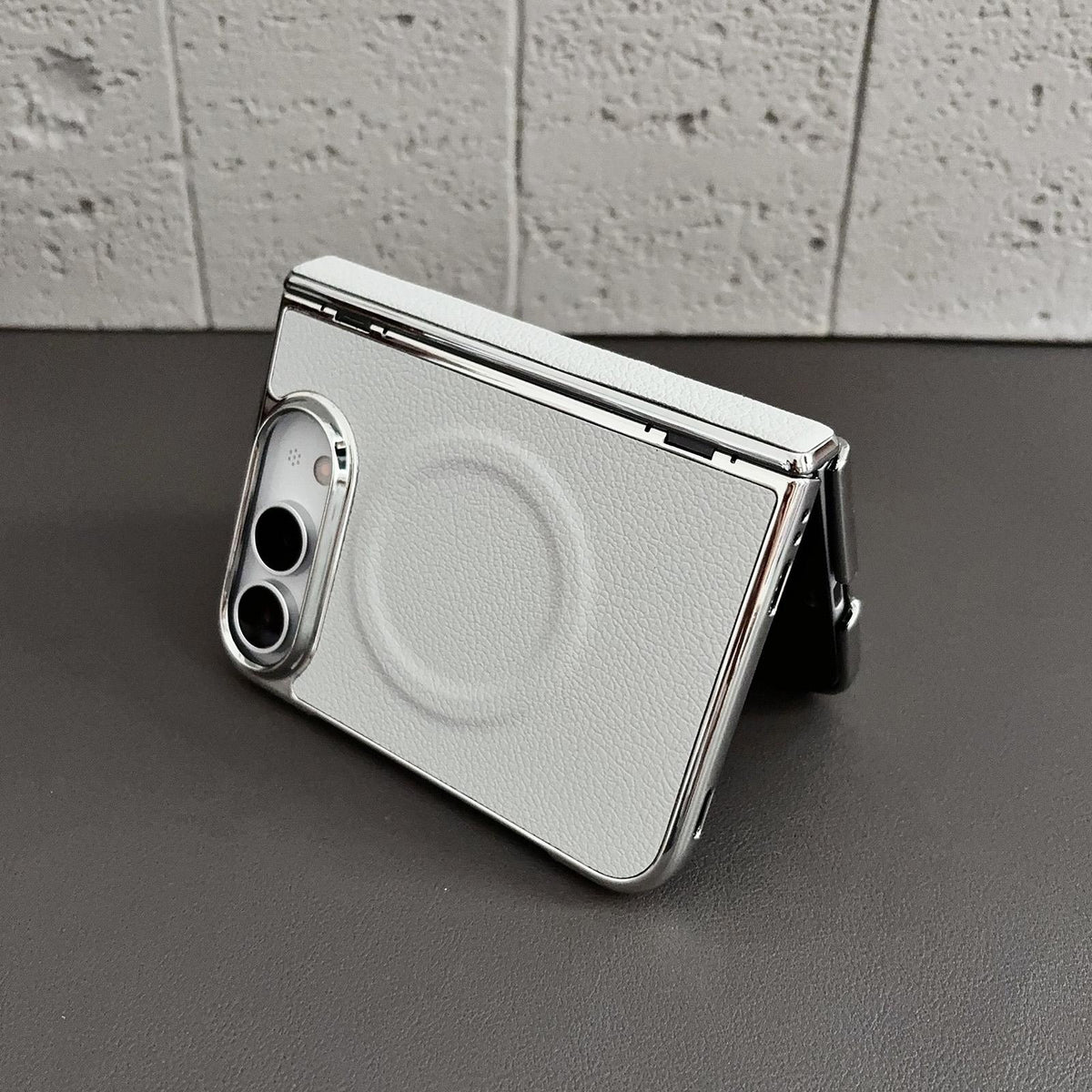 For iPhone Duo Rebound Hinge Electroplated Faux-Leather Magnetic Phone Case - Grey - EDA010180801D