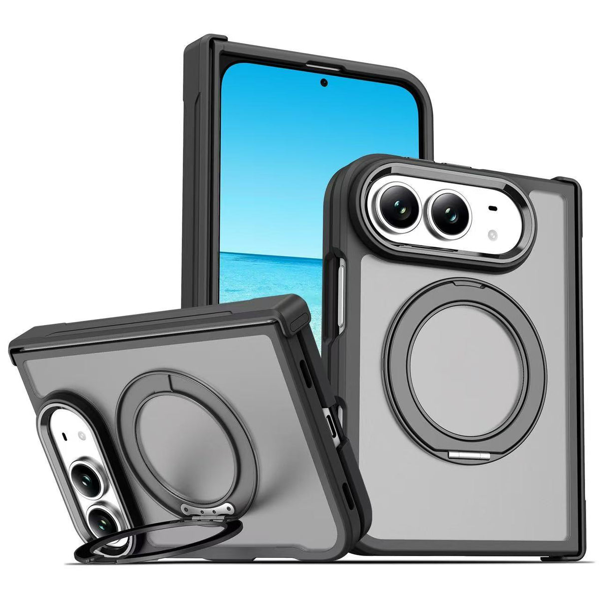 For iPhone Duo Armor-style Hinge Protection Magnetic Ring Holder Phone Case - Transparent Black - EDA010188801B