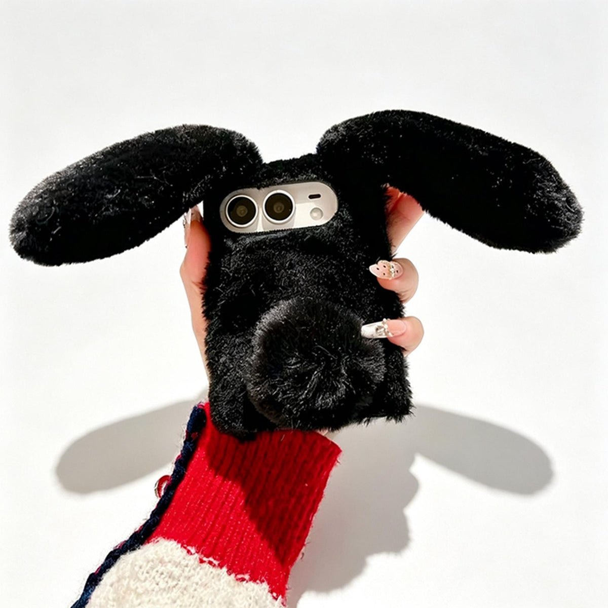 For iPhone Duo Foldable Plush Rabbit TPU Phone Case - Black - EDA010190001A