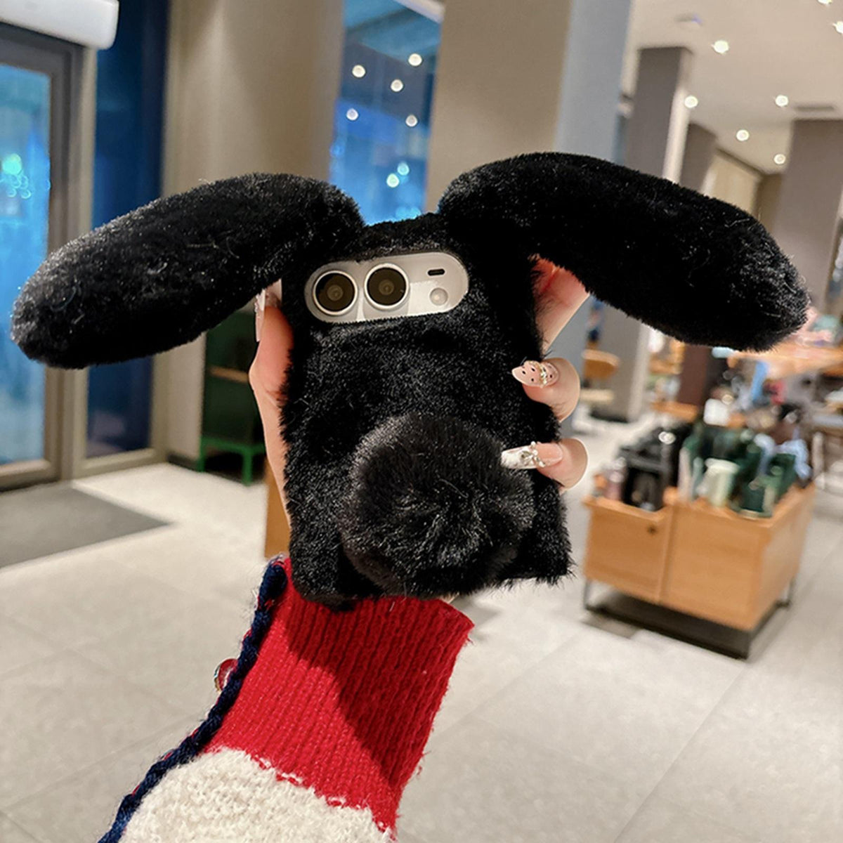 For iPhone Duo Foldable Plush Rabbit TPU Phone Case - Black - EDA010190001A
