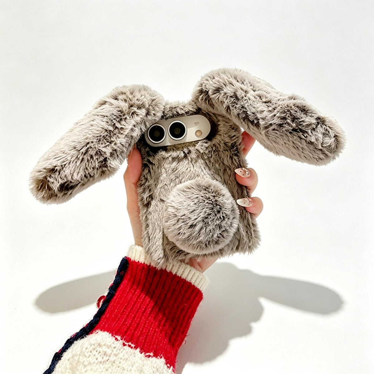 For iPhone Duo Foldable Plush Rabbit TPU Phone Case - Coffee Grey - EDA010190001B