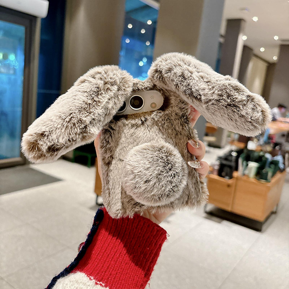 For iPhone Duo Foldable Plush Rabbit TPU Phone Case - Coffee Grey - EDA010190001B