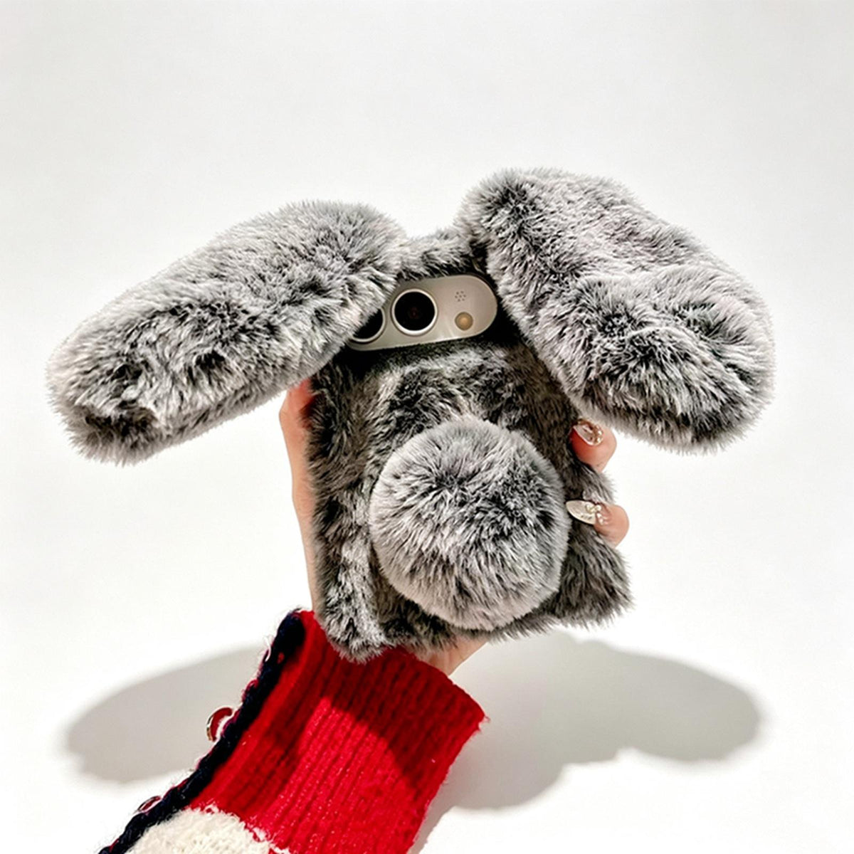 For iPhone Duo Foldable Plush Rabbit TPU Phone Case - Dark Grey - EDA010190001C