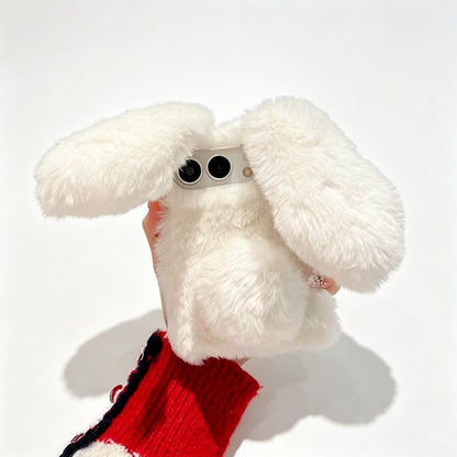 For iPhone Duo Foldable Plush Rabbit TPU Phone Case - White - EDA010190001D