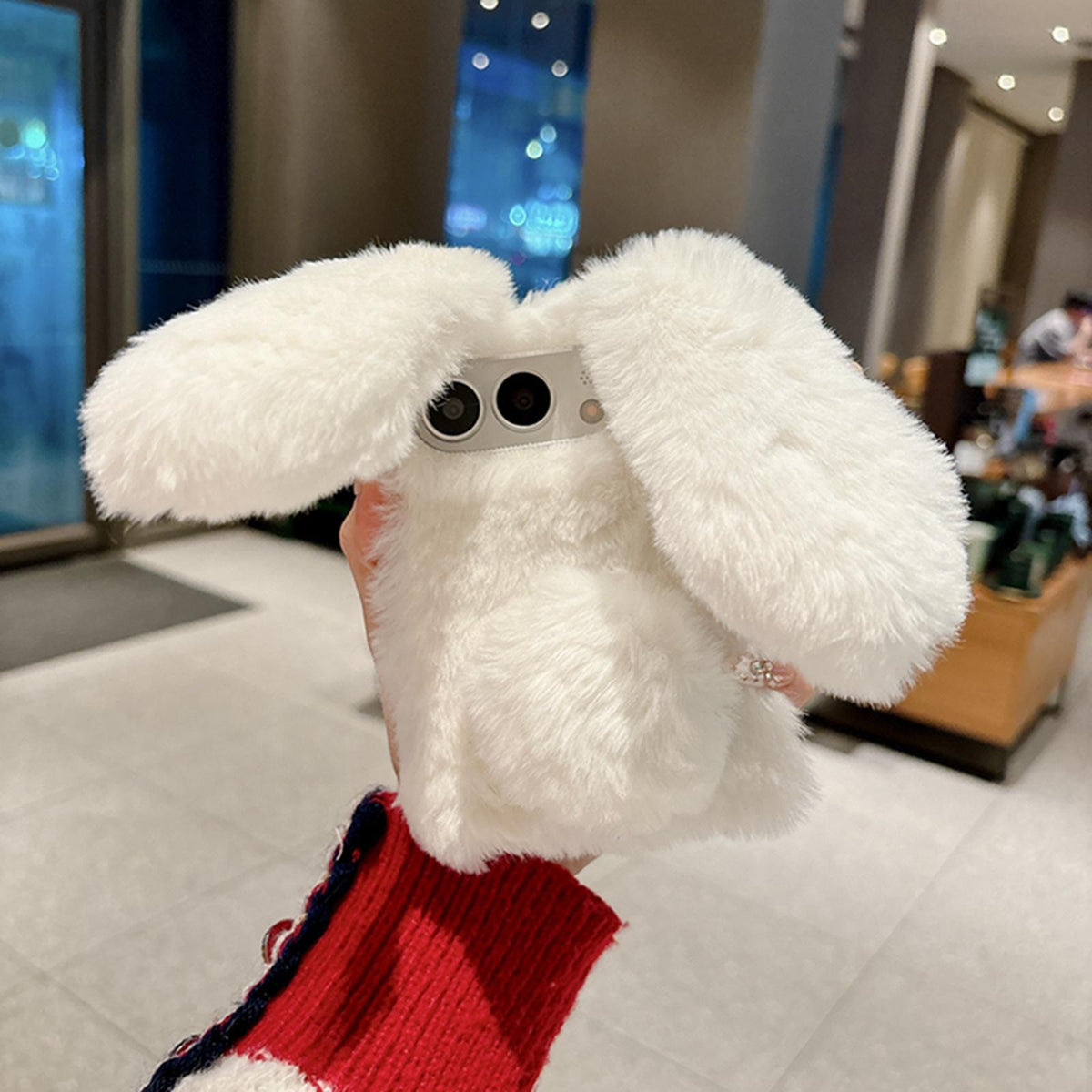 For iPhone Duo Foldable Plush Rabbit TPU Phone Case - White - EDA010190001D