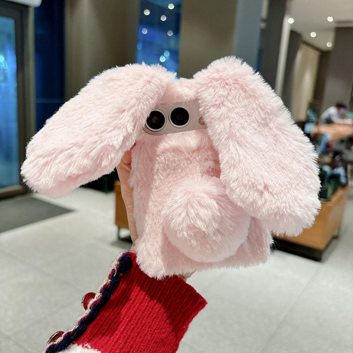 For iPhone Duo Foldable Plush Rabbit TPU Phone Case - Pink - EDA010190001E