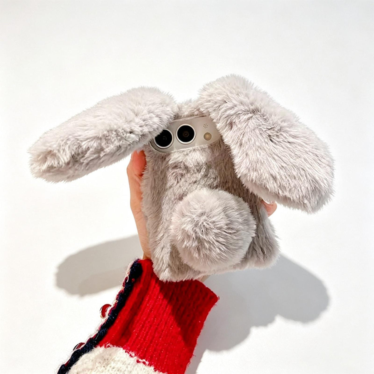For iPhone Duo Foldable Plush Rabbit TPU Phone Case - Light Grey - EDA010190001F