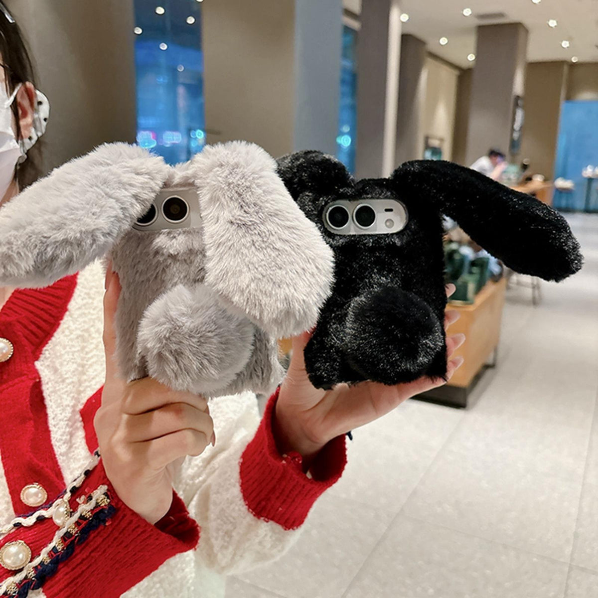 For iPhone Duo Foldable Plush Rabbit TPU Phone Case - Coffee Grey - EDA010190001B