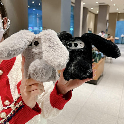 For iPhone Duo Foldable Plush Rabbit TPU Phone Case - Coffee Grey - EDA010190001B