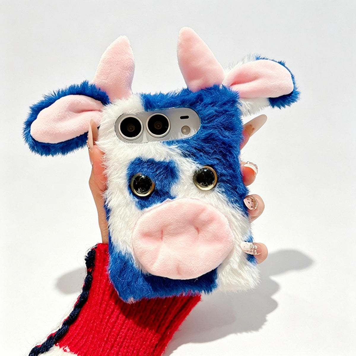 For iPhone Duo Foldable Plush Dairy Cow TPU Phone Case - Blue Cow - EDA010190201A