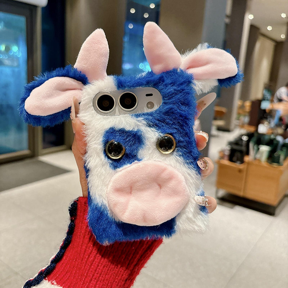 For iPhone Duo Foldable Plush Dairy Cow TPU Phone Case - Blue Cow - EDA010190201A